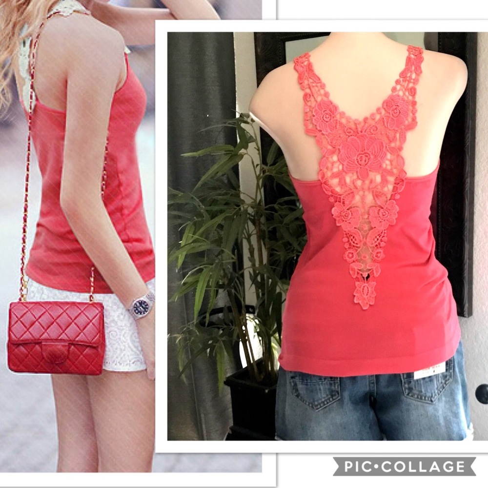 Coral Pink Ribbed Lace Back Tank Top